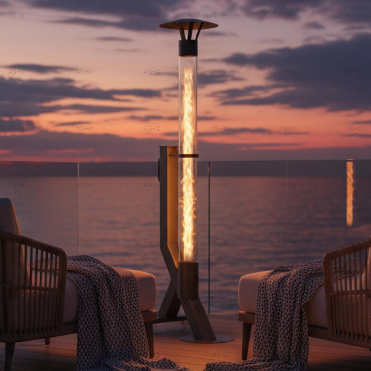Appareil de chauffage extérieur, verre, chauffage de terrasse, 174 cm, PakketPanda, noir, colonne de feu, poêle de jardin, poêle de terrasse