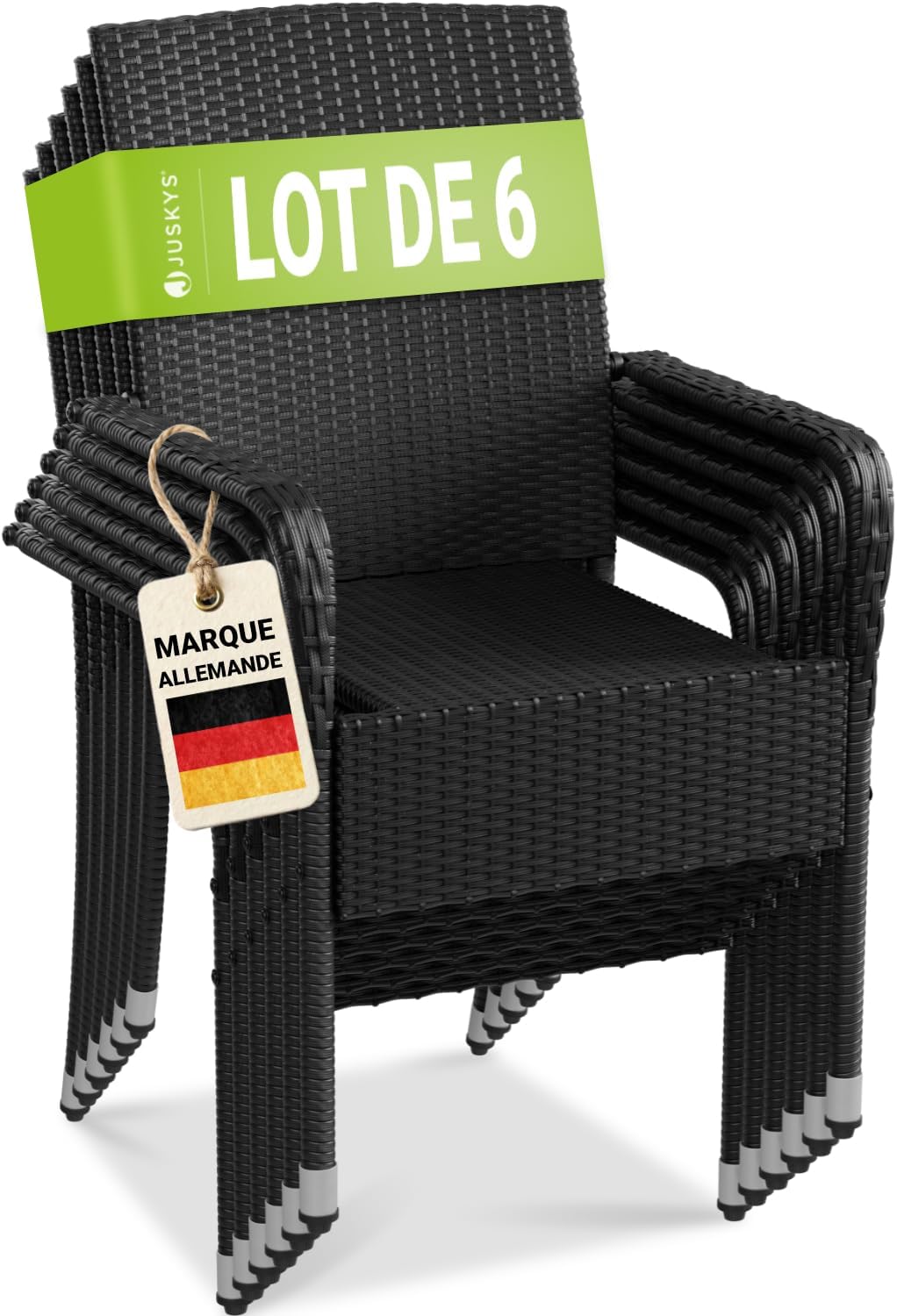 Chaise de jardin, Juskys, 6 chaises empilables, réglable, Ensemble de 6 chaises de Jardin Yoro en rotin avec accoudoirs et Dossier