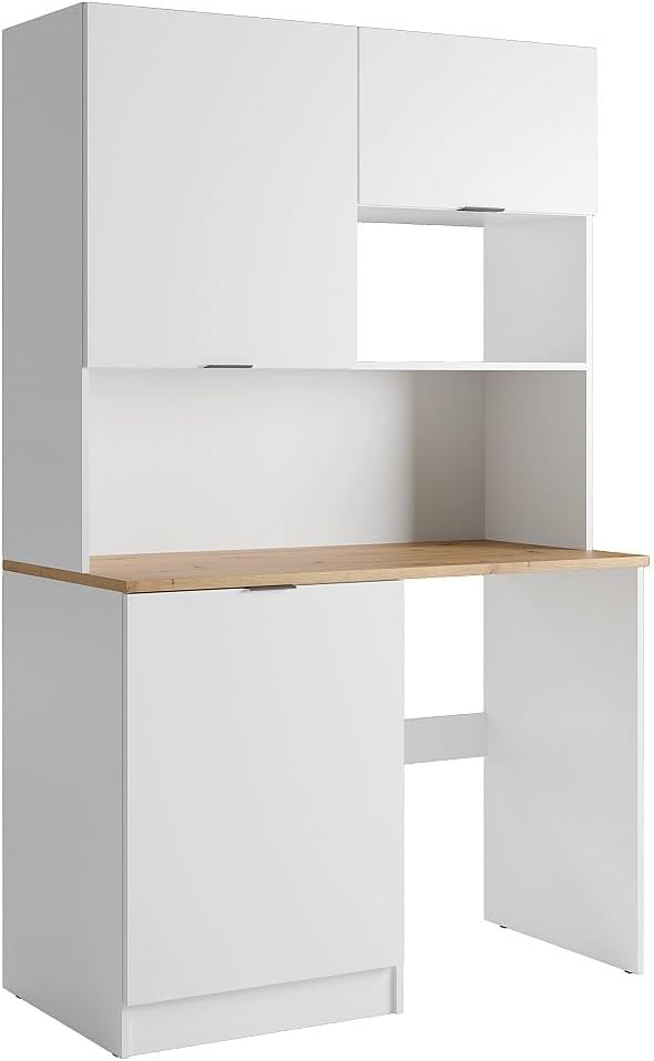 Vente-unique Rangement sur pied, avec Plan de Travail 120 cm, 3 cm, 3 portes, Blanc et Naturel, Meuble Multifonction kitchenette et buanderie