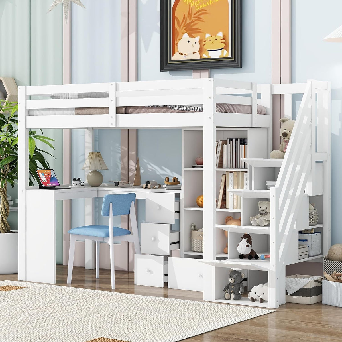 Lit, pliable, 90 × 200 cm, bureau, Merax, escabeau pliable, enfant, tiroirs, rangement, armoire ouverte, sommier lattes, protection