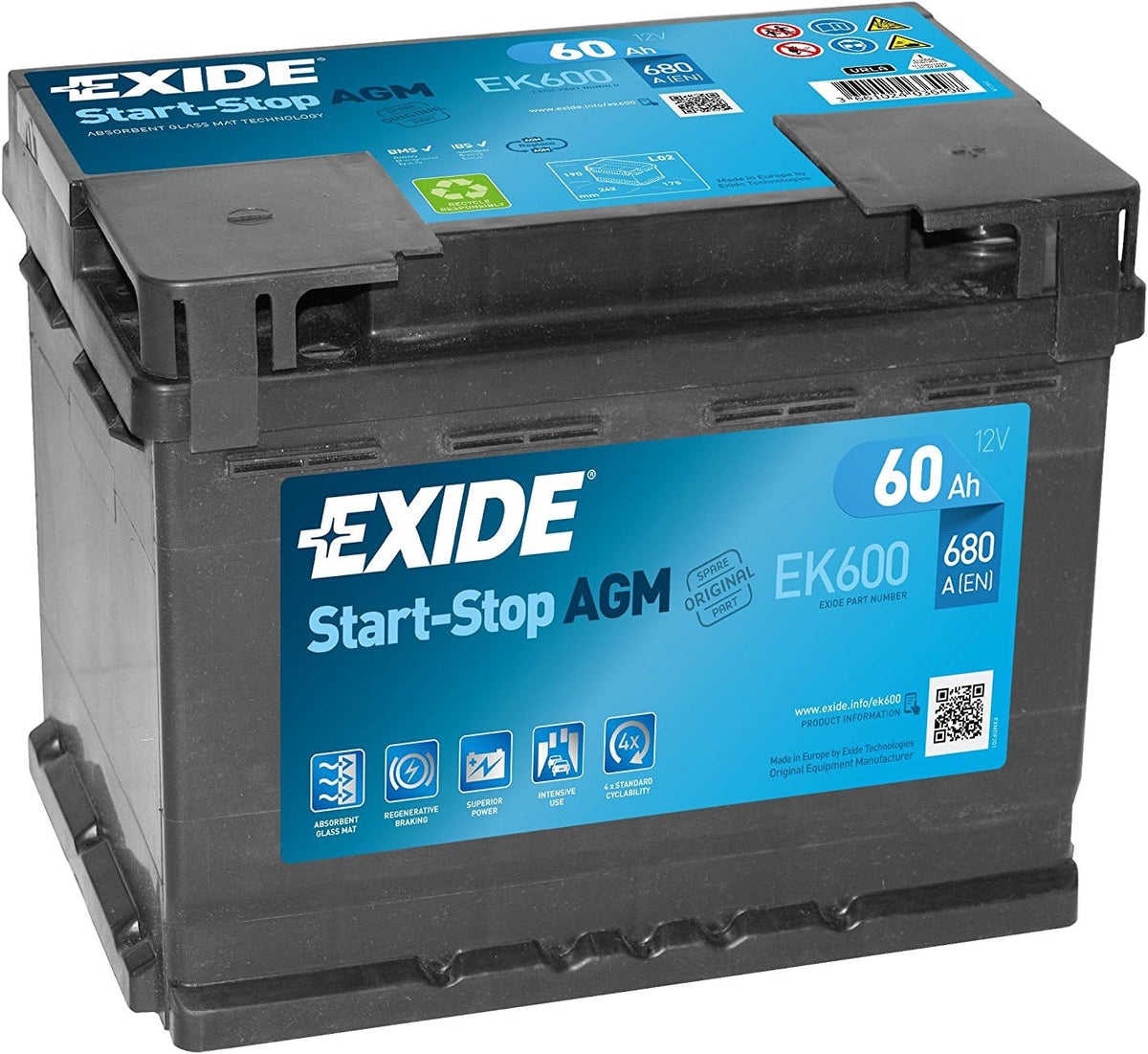 Batterie de voiture, 12 V, Exide Technologies, 12 V 60Ah 680A, EK600 680A, Exide EK600, portable, Compatible Start et Stop