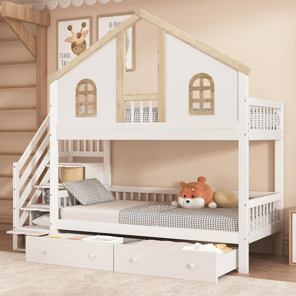 Lit, avec escalier, 90 × 200 cm, pour 2 enfants, Merax, avec fenêtre et toit, superposé, espace de rangement et tiroirs, cabane dans les arbres